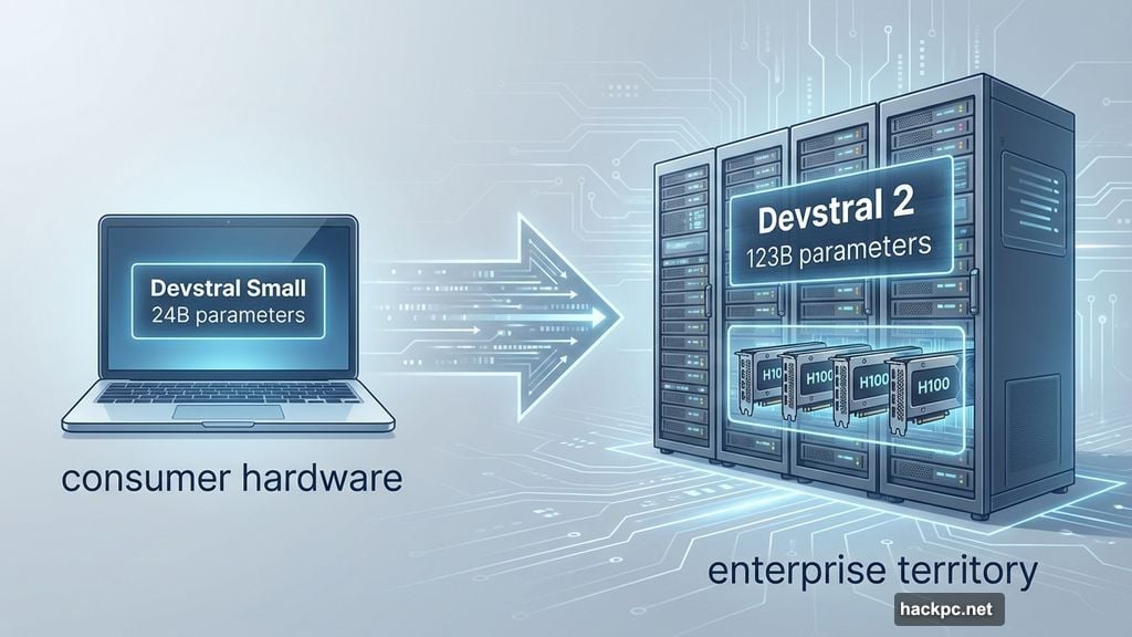 Devstral Small runs locally while Devstral 2 needs four H100 GPUs