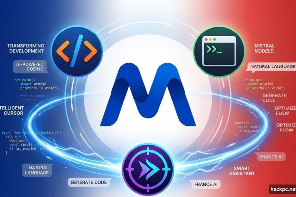 Mistral AI logo pursuing Cursor with coding symbols and CLI