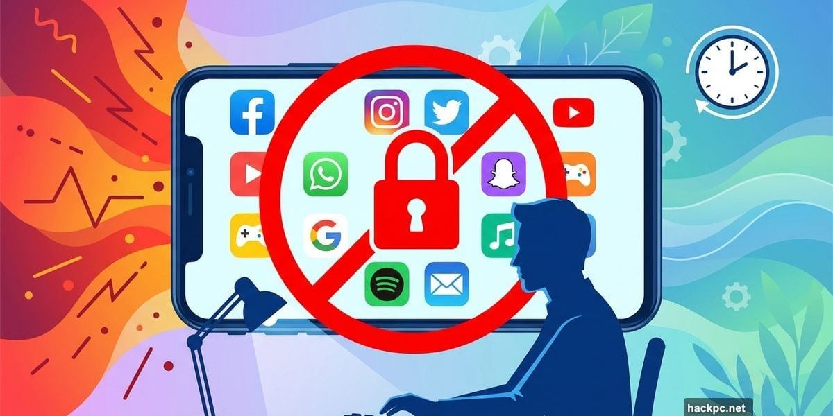 Smartphone with blocked apps and padlock symbolizing distraction-blocking focus tools