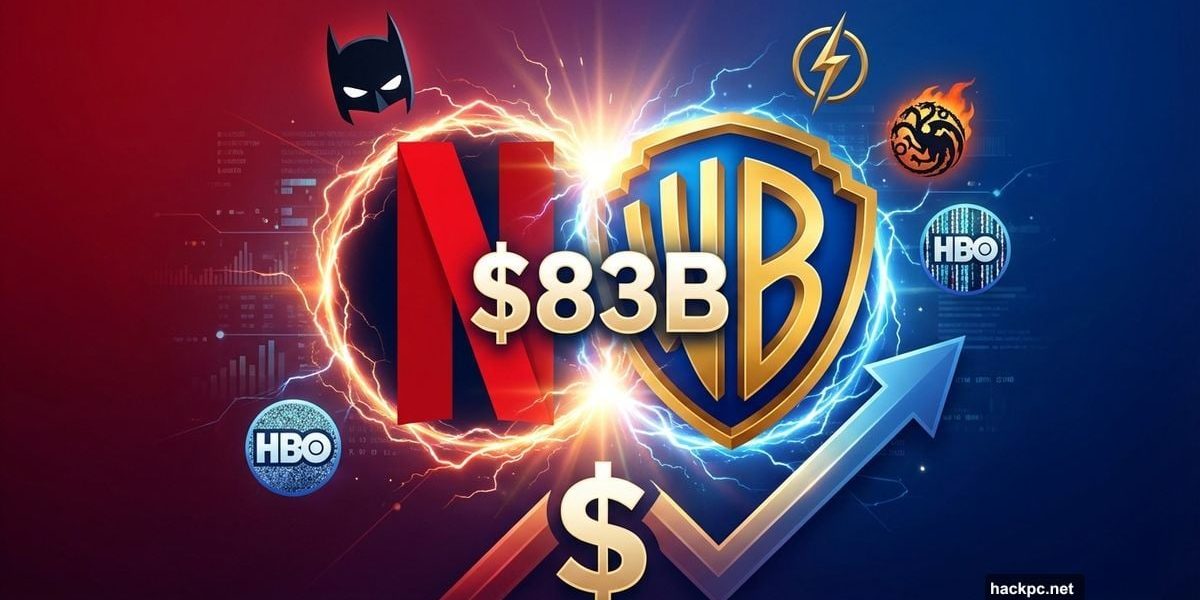 Netflix and Warner Bros logos merging with 83 billion dollars