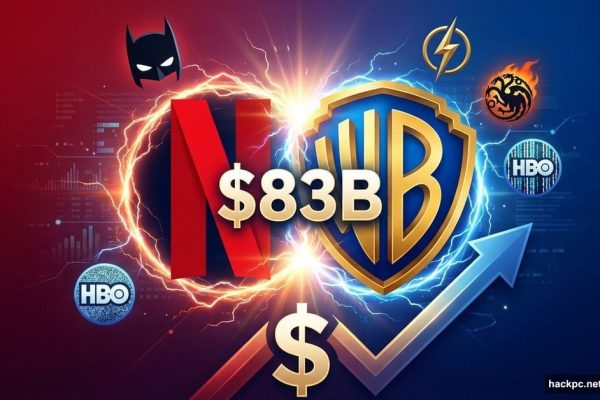 Netflix and Warner Bros logos merging with 83 billion dollars