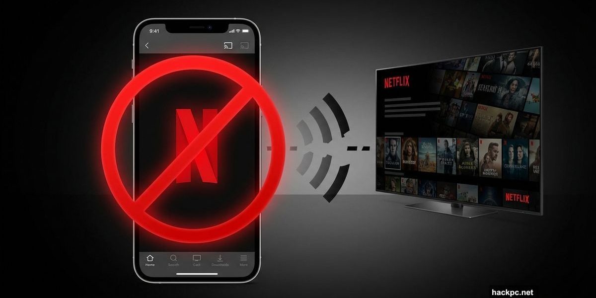 Smartphone with Netflix app and prohibition symbol blocking TV casting