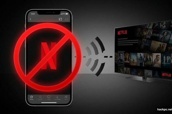 Smartphone with Netflix app and prohibition symbol blocking TV casting