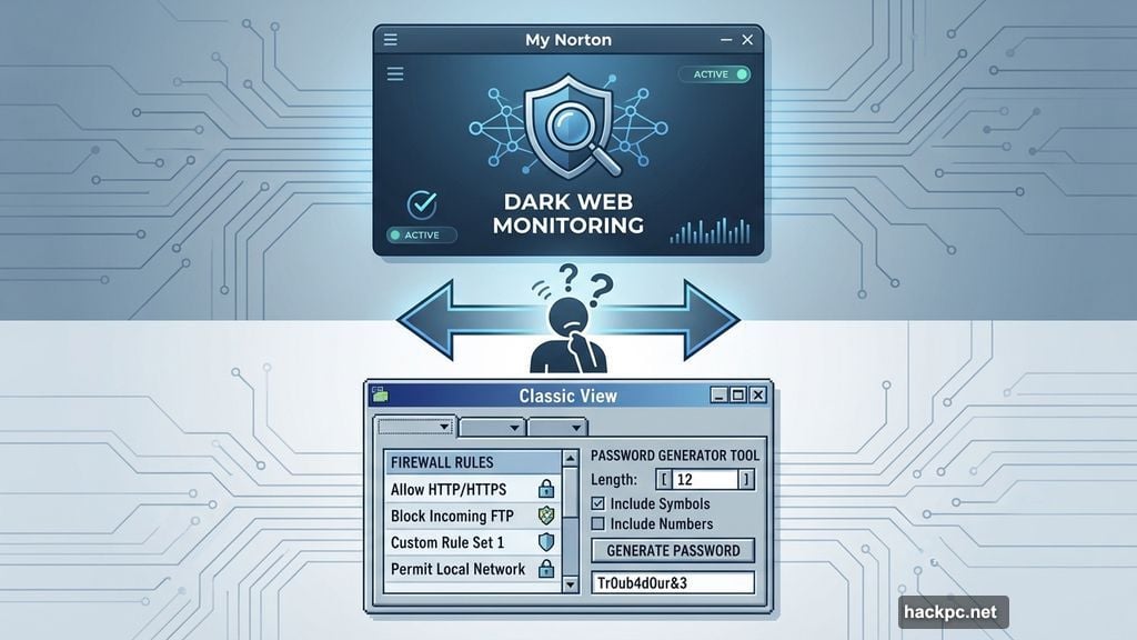 Norton splits features across My Norton and Classic view interfaces