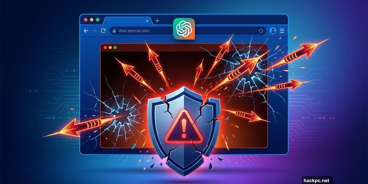 AI browser with red injection attacks piercing through cracked security shield