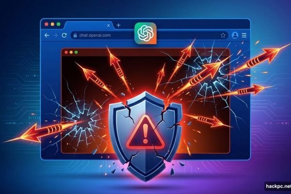 AI browser with red injection attacks piercing through cracked security shield