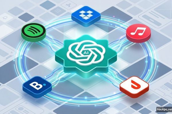 ChatGPT logo surrounded by connected app icons like app store