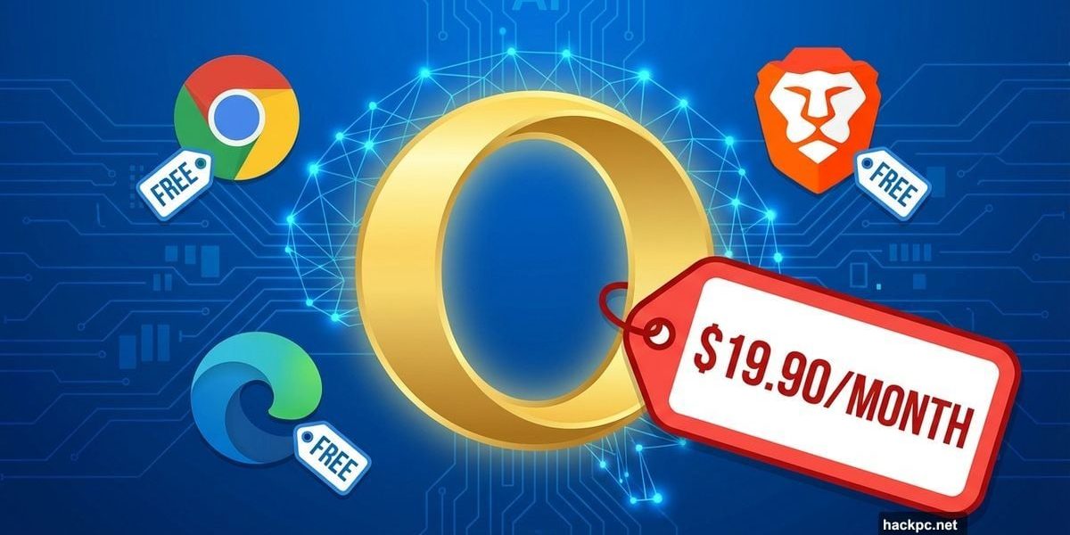 Opera browser logo with twenty dollar price tag versus free competitors
