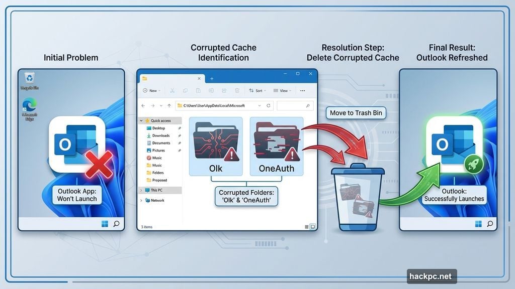 Delete Olk and OneAuth folders to fix Outlook launch issues