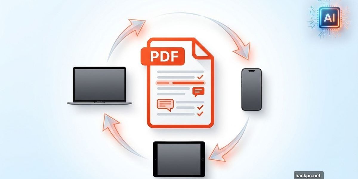 PDF Expert app icon with Mac iPhone iPad devices showing cross-platform editing