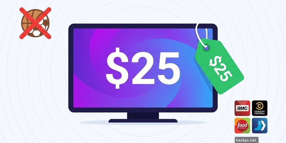 TV screen showing $25 price with crossed-out sports icon and streaming channels