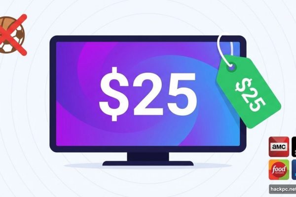 TV screen showing $25 price with crossed-out sports icon and streaming channels