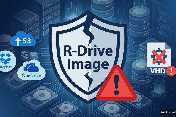 Cracked shield with R-Drive Image logo and warning symbols