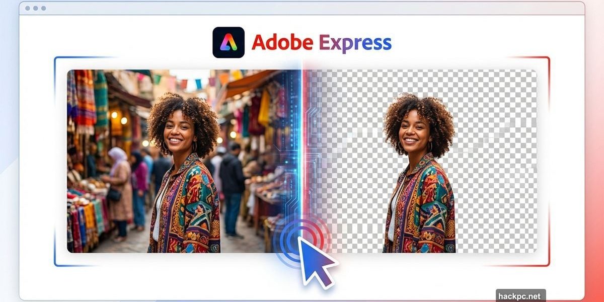 Photo split showing before and after background removal using Adobe Express