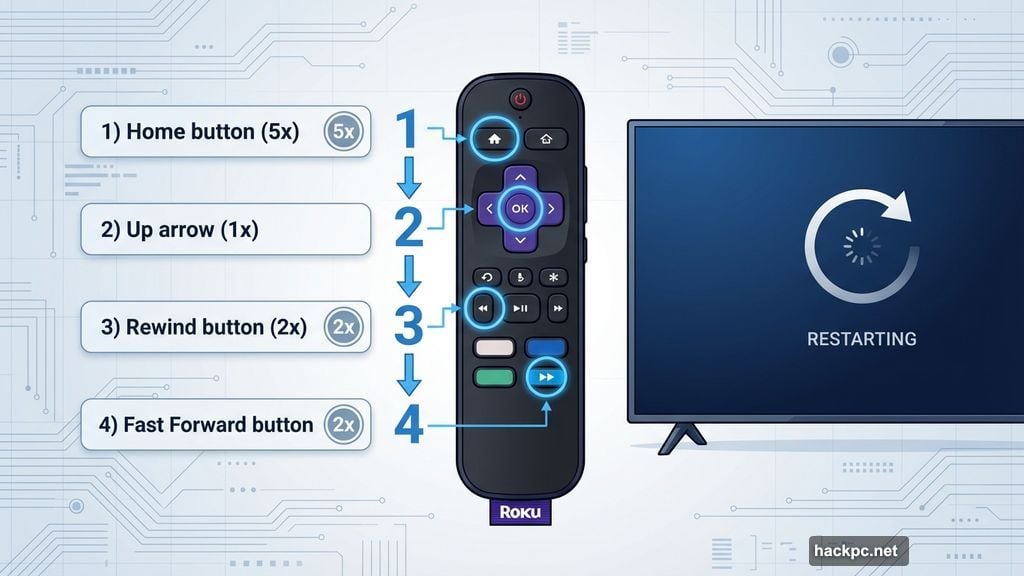 Hidden remote button sequence forces Roku restart without menu