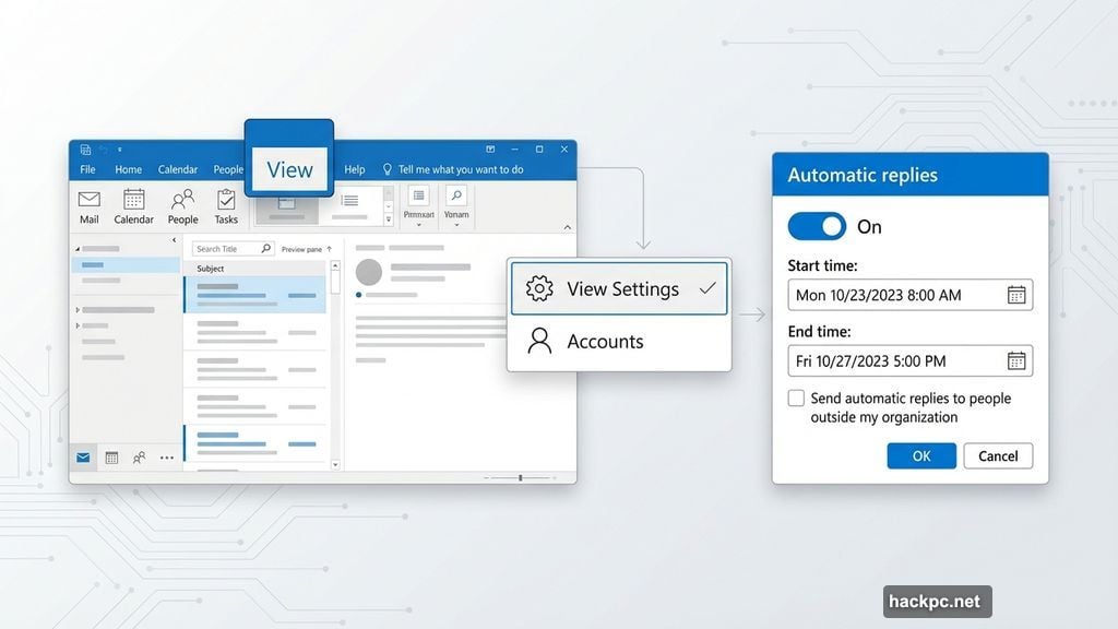 Navigate to Accounts and click Automatic replies in Outlook