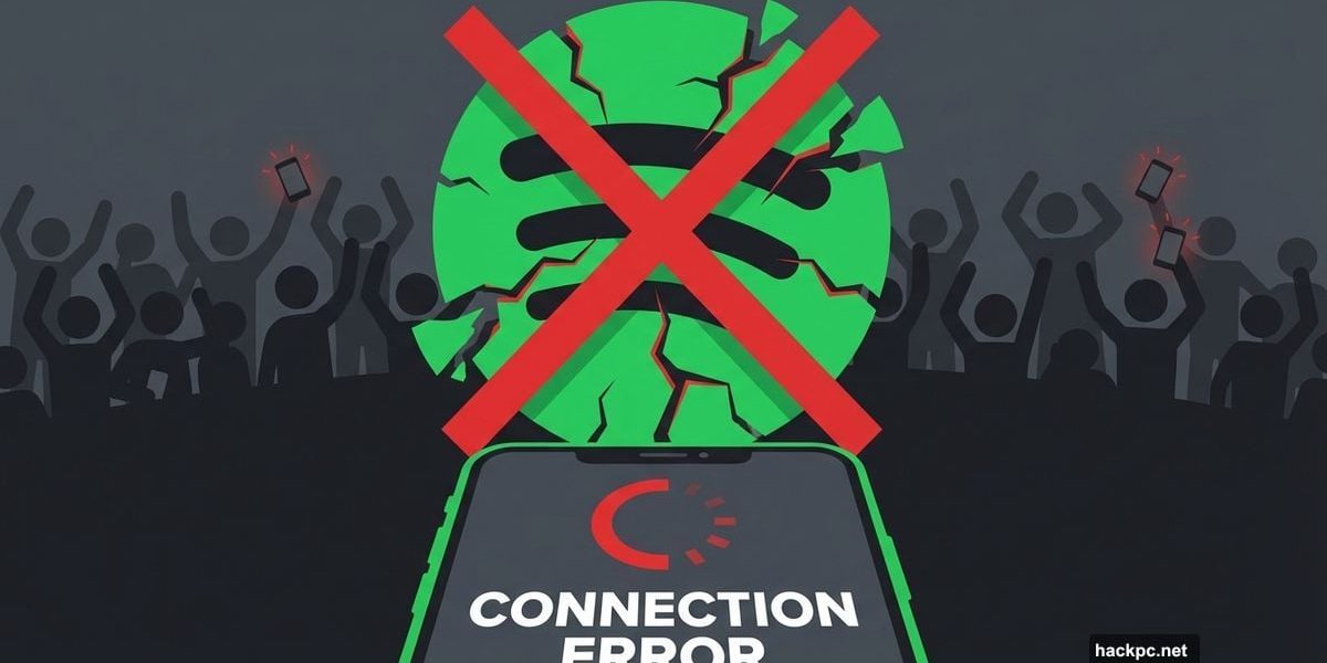 Broken Spotify logo with error symbol and frustrated users