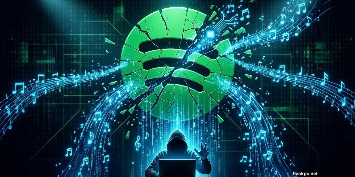 Broken Spotify logo with streaming data leaking to hooded hacker figure