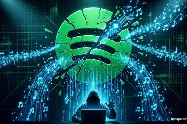 Broken Spotify logo with streaming data leaking to hooded hacker figure
