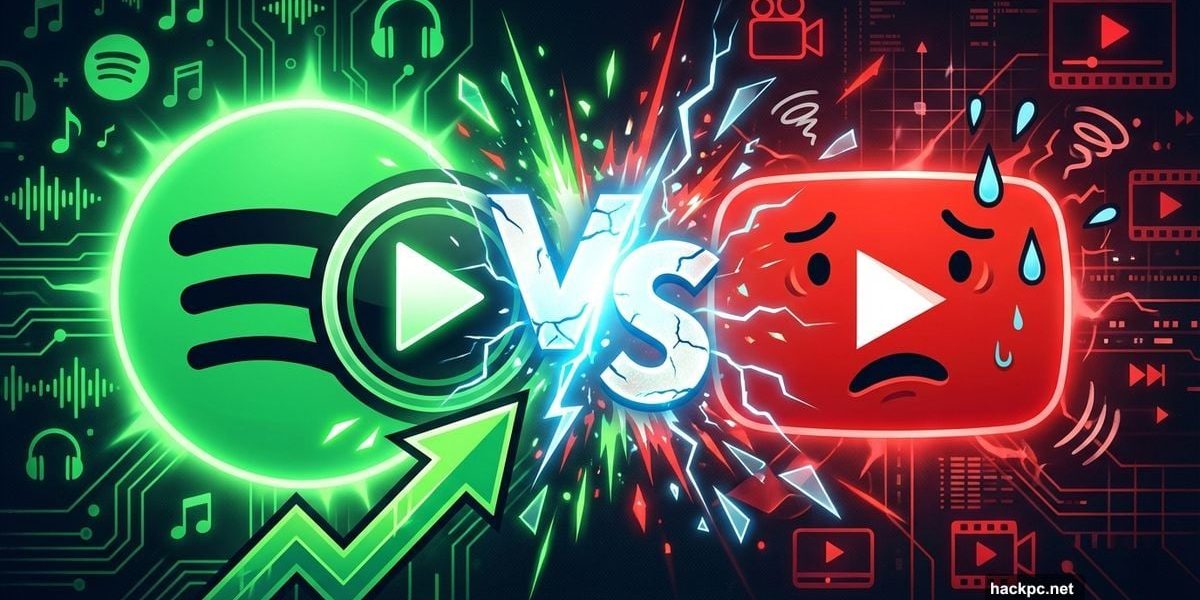Spotify and YouTube logos facing off in video platform competition