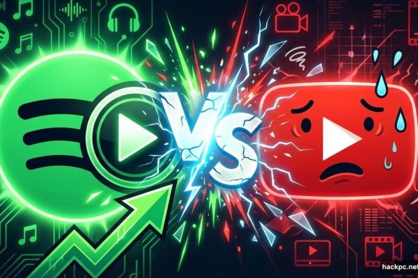 Spotify and YouTube logos facing off in video platform competition