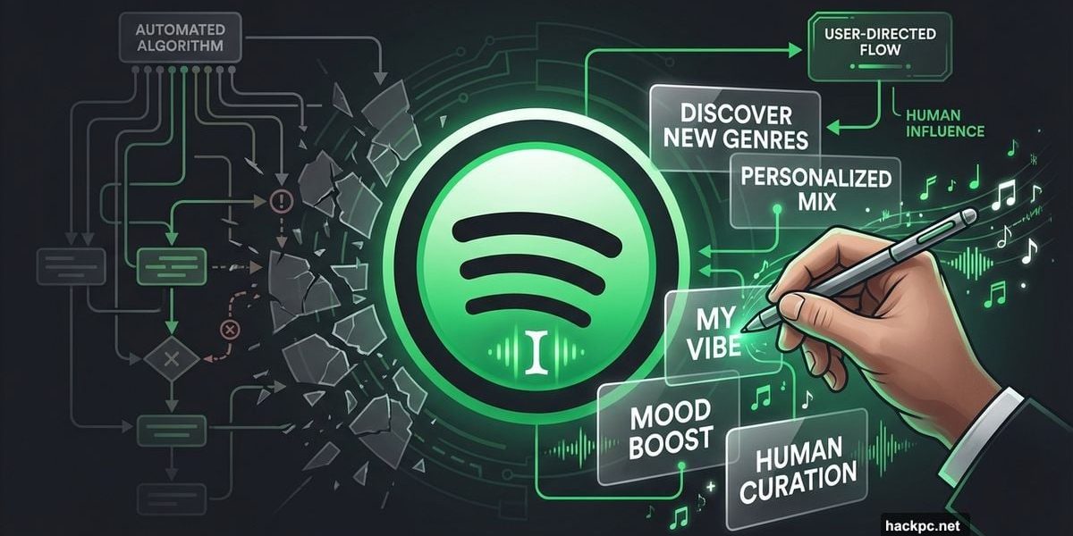 Hand writing prompts into Spotify logo with broken algorithm background