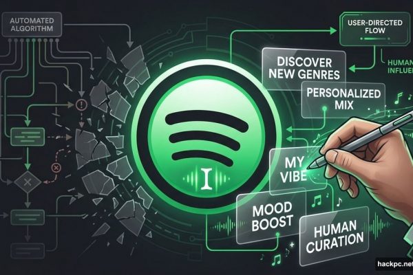 Hand writing prompts into Spotify logo with broken algorithm background