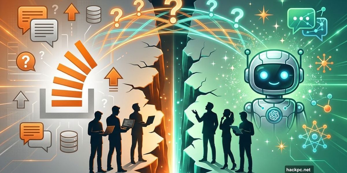 Stack Overflow logo and AI icon separated by split with developers between them