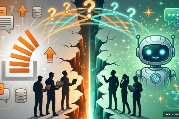 Stack Overflow logo and AI icon separated by split with developers between them