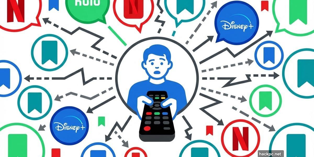 Person with remote surrounded by disconnected streaming service watch list bubbles