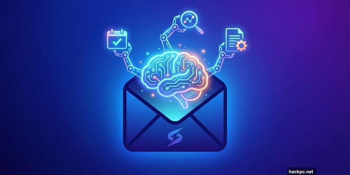 AI brain emerging from email inbox with robotic arms holding productivity tools