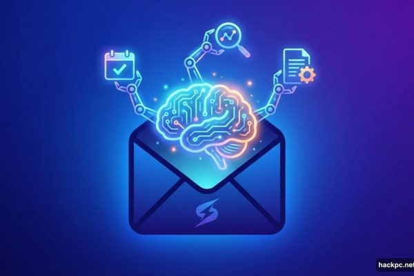 AI brain emerging from email inbox with robotic arms holding productivity tools