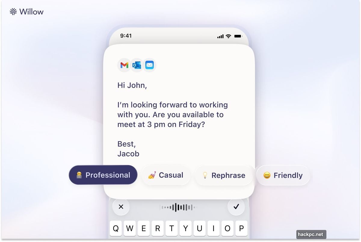 Willow expands short voice notes into complete paragraphs using LLMs