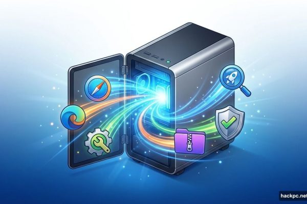 New desktop PC with colorful free software icons flowing into it