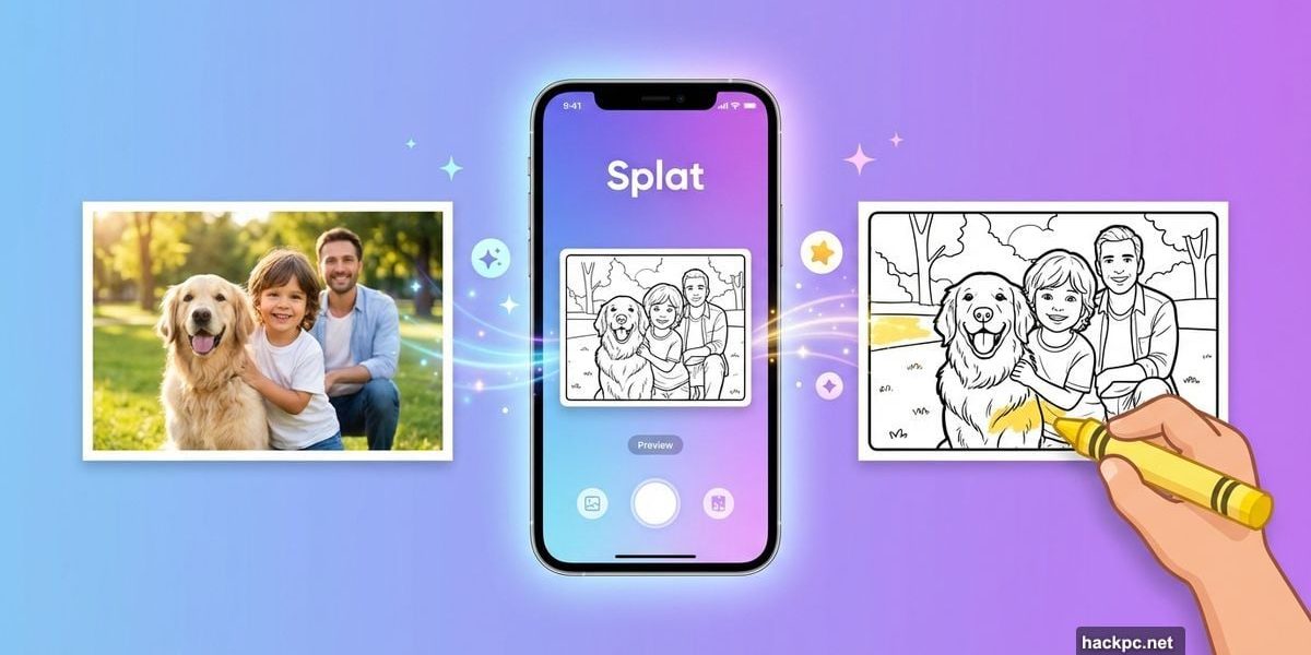 Smartphone app transforming family photo into custom coloring page