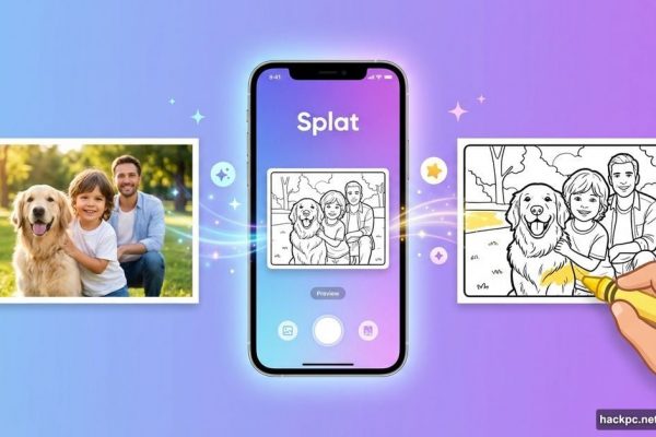 Smartphone app transforming family photo into custom coloring page