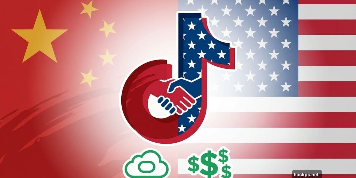 TikTok logo split between Chinese and American ownership with handshake