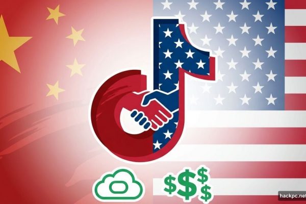 TikTok logo split between Chinese and American ownership with handshake