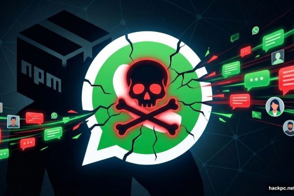 Cracked WhatsApp logo with poison symbol and malicious NPM package stealing messages