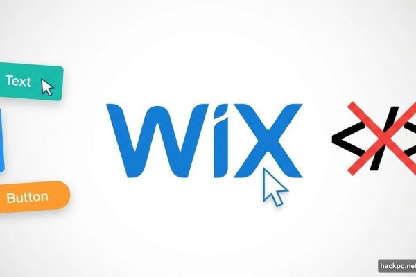 Wix logo with drag-and-drop website blocks and crossed-out code symbol