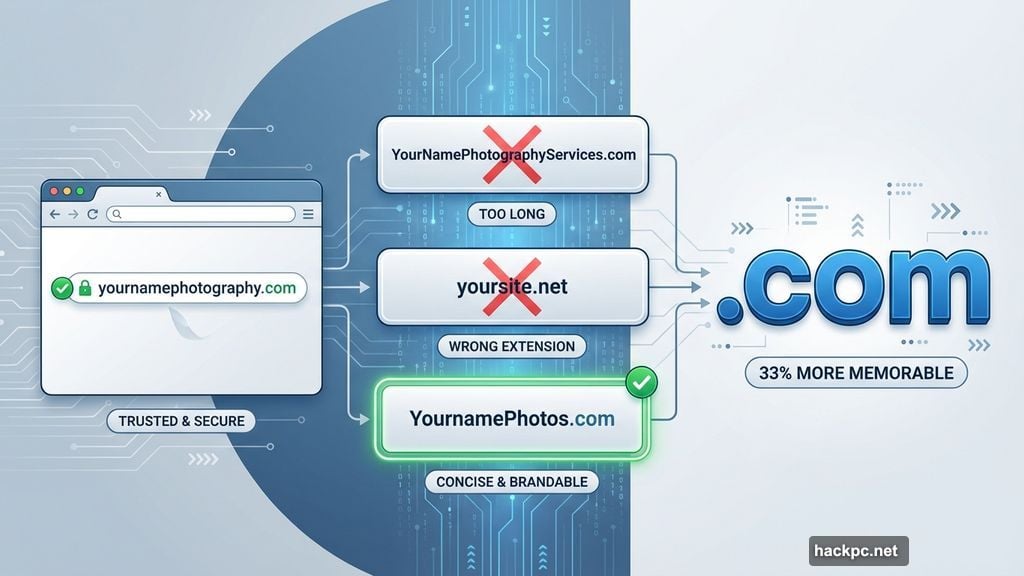 Domain selection showing short .com domains are more memorable