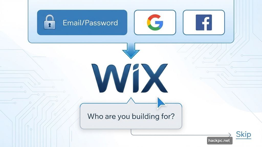 Wix account setup with email password or social sign-on options