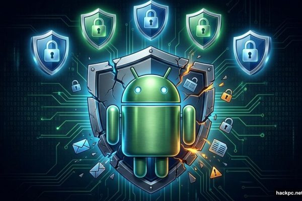 Android robot with broken VPN shield versus five secure shields