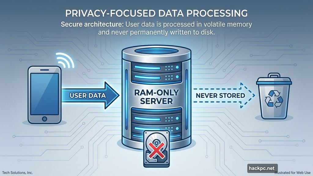 RAM-only servers that never store data to permanent storage