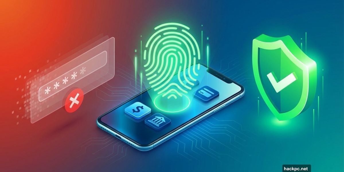 Smartphone with fingerprint authentication replacing traditional passwords for banking security