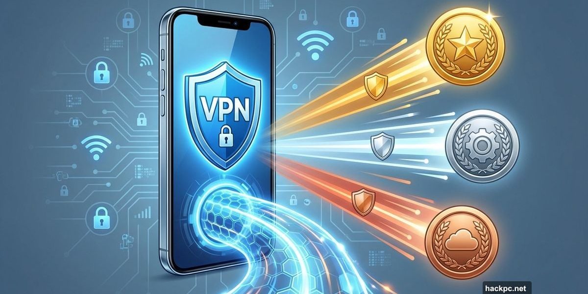iPhone with VPN shield displaying three competitive pathways to winners