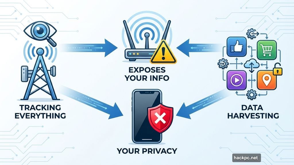 ISPs track everything, apps harvest data, public WiFi exposes info