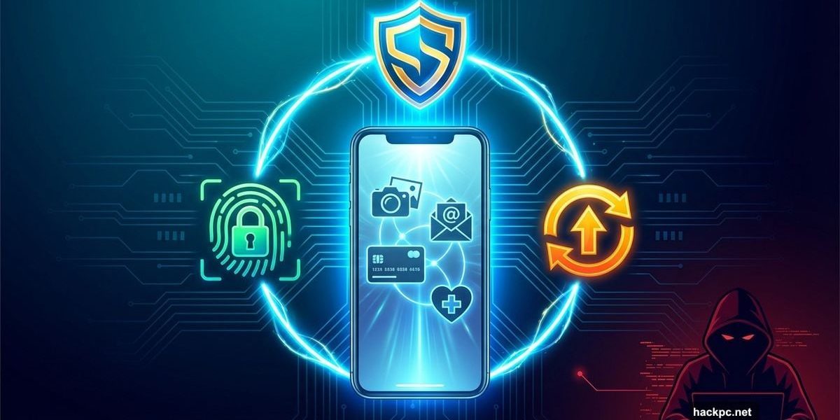 Smartphone surrounded by shield, lock, and update icons protecting against hackers