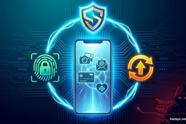 Smartphone surrounded by shield, lock, and update icons protecting against hackers