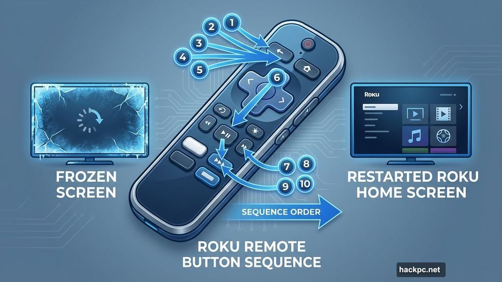 Hidden remote button sequence triggers hard reset emergency function